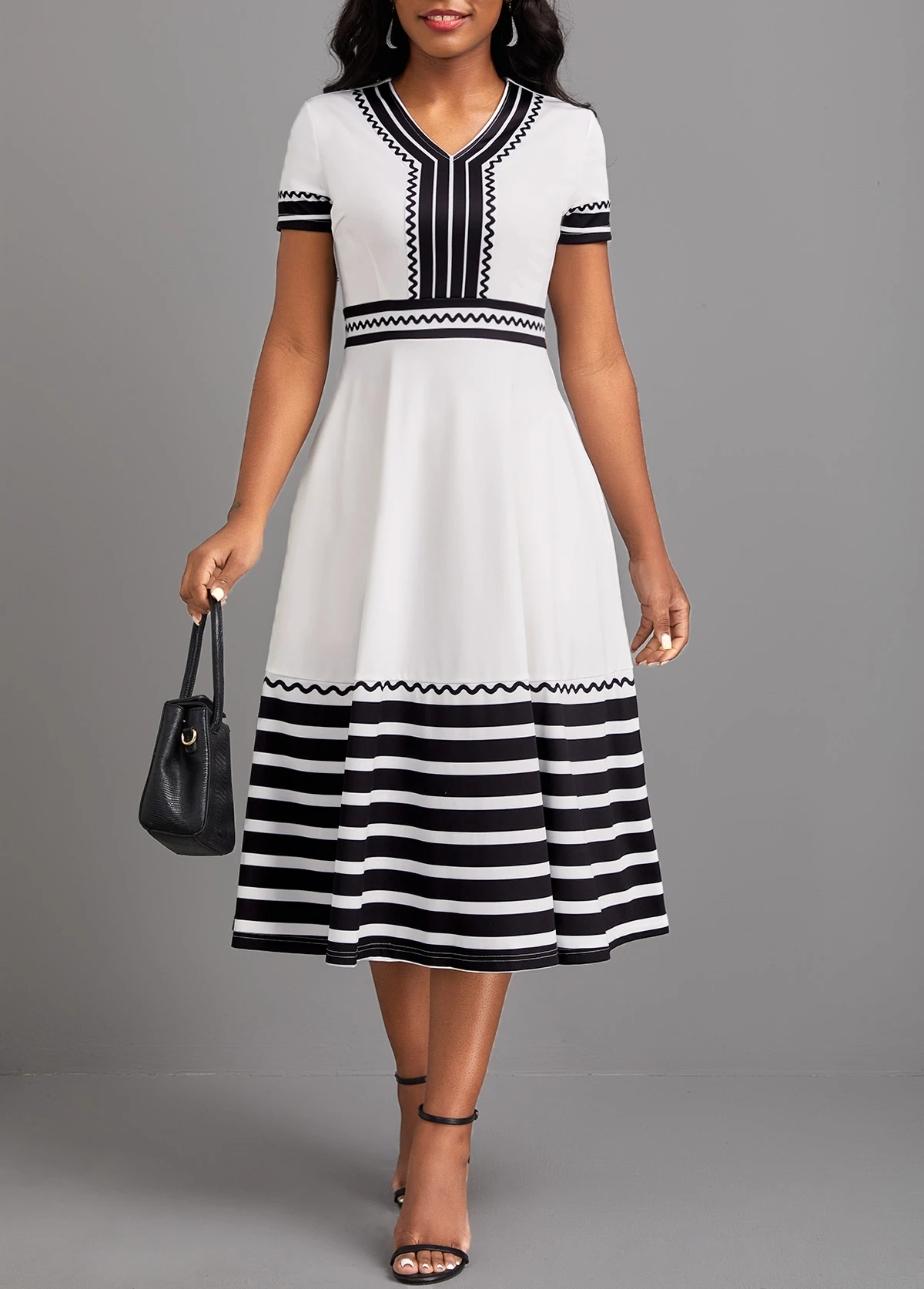 White Patchwork Striped Short Sleeve V Neck Dress 7 White Patchwork Striped Short Sleeve V Neck Dress - Image 5