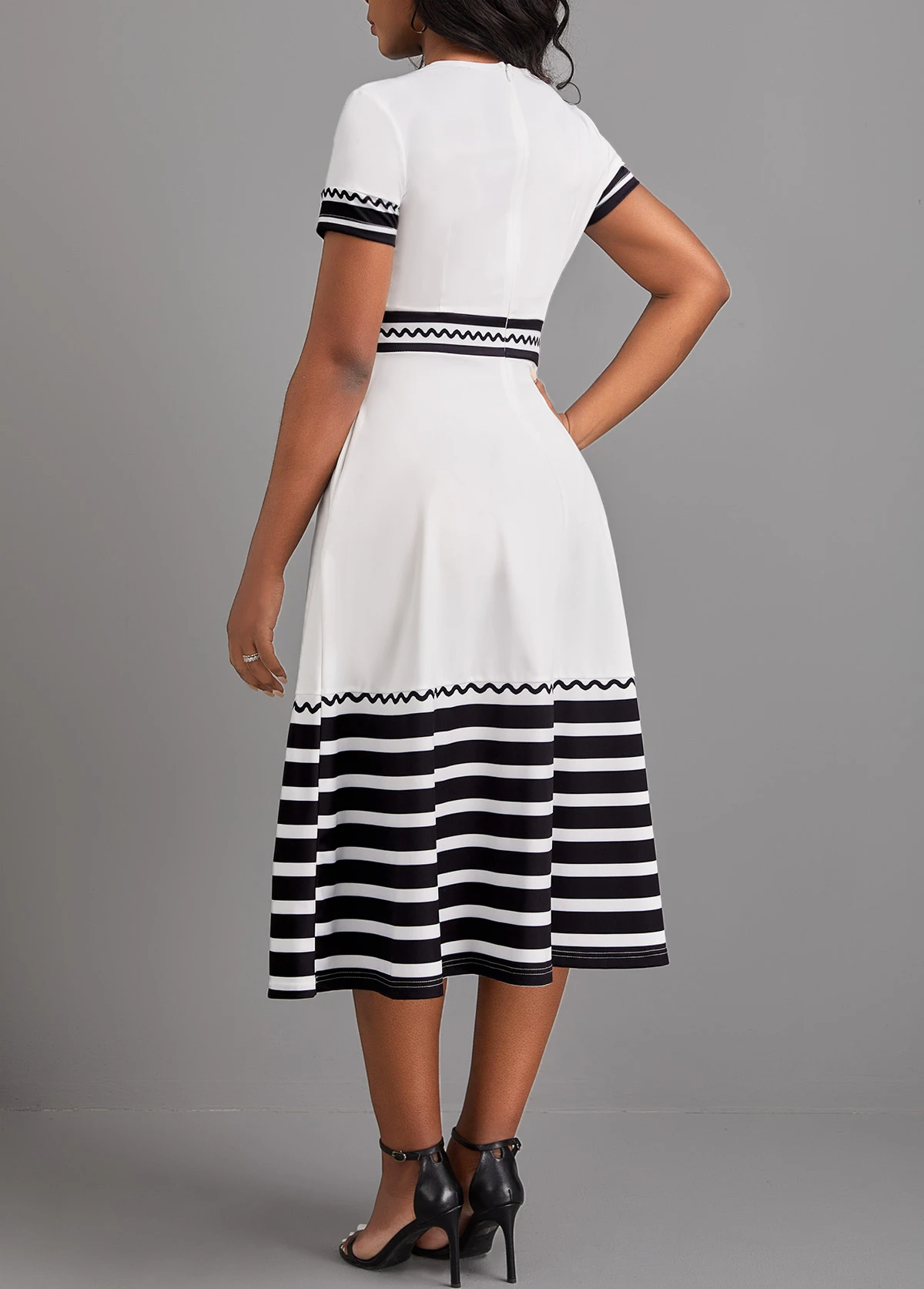 White Patchwork Striped Short Sleeve V Neck Dress 4 White Patchwork Striped Short Sleeve V Neck Dress - Image 2