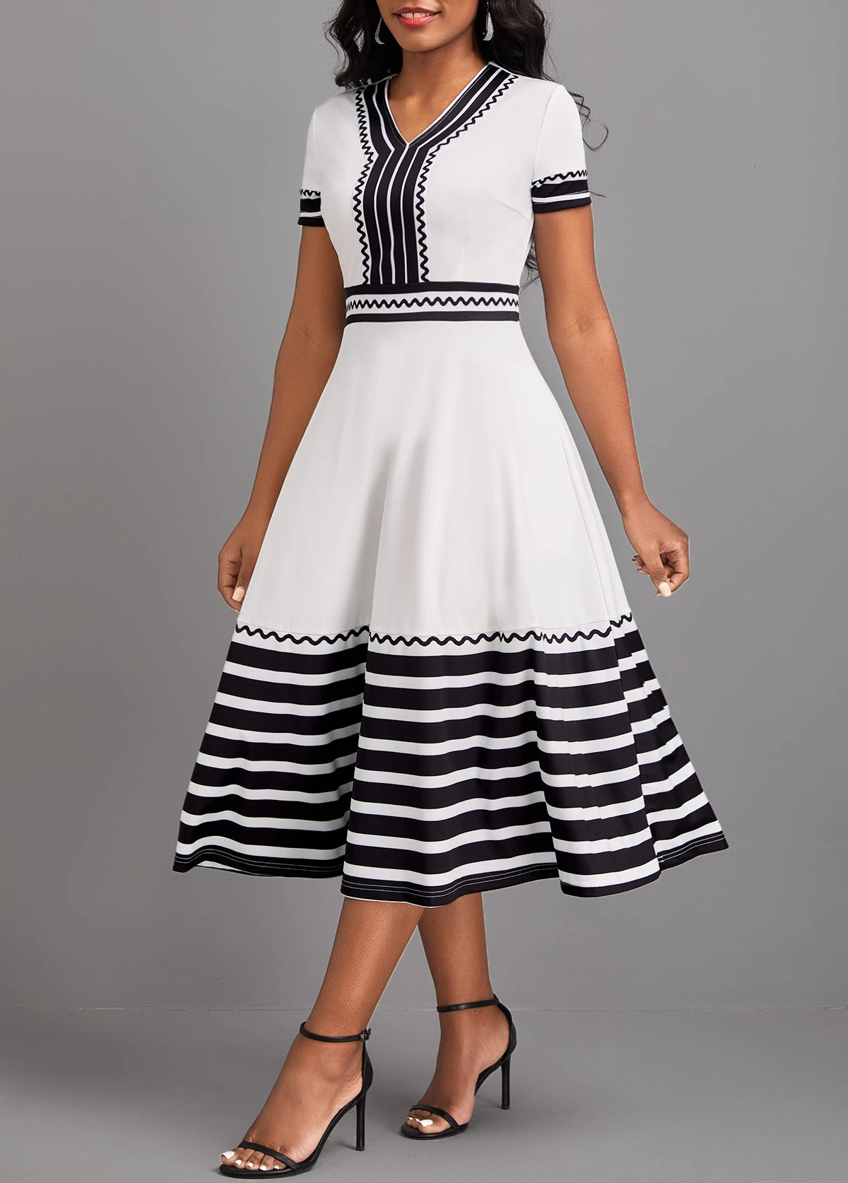 White Patchwork Striped Short Sleeve V Neck Dress 6 White Patchwork Striped Short Sleeve V Neck Dress - Image 4