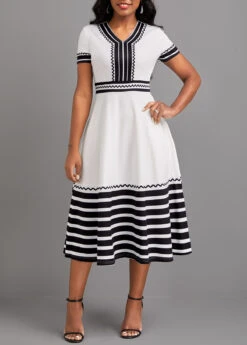 White Patchwork Striped Short Sleeve V Neck Dress 9 White Patchwork Striped Short Sleeve V Neck Dress -Modlily Shop 321876 P 16755094499292