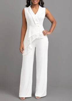 White Lace Long Sleeveless Turn Down Collar Jumpsuit