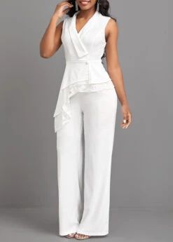 White Lace Long Sleeveless Turn Down Collar Jumpsuit -Modlily Shop 321878 P 16760288092352