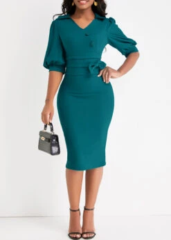 Peacock Blue Button Half Sleeve Bodycon Dress -Modlily Shop 321891 P 16768770992733