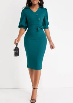 Peacock Blue Button Half Sleeve Bodycon Dress