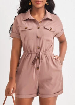 Light Camel Button Shirt Collar Romper