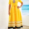 Yellow Patchwork Striped Belted Short Sleeve Maxi Dress -Modlily Shop 321938 P 16764568325133