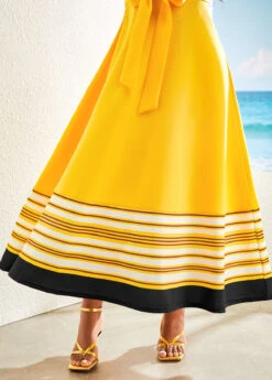 Yellow Patchwork Striped Belted Short Sleeve Maxi Dress -Modlily Shop 321938 P 16764568326865
