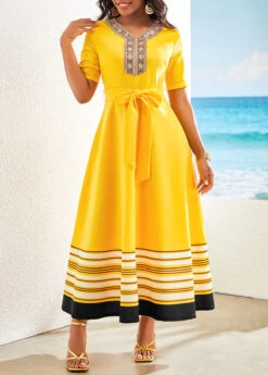 Yellow Patchwork Striped Belted Short Sleeve Maxi Dress -Modlily Shop 321938 P 16764568327024