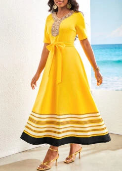 Yellow Patchwork Striped Belted Short Sleeve Maxi Dress -Modlily Shop 321938 P 16764568328622