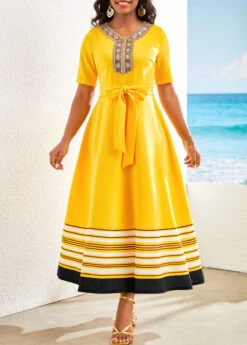 Yellow Patchwork Striped Belted Short Sleeve Maxi Dress -Modlily Shop 321938 P 16764568328770