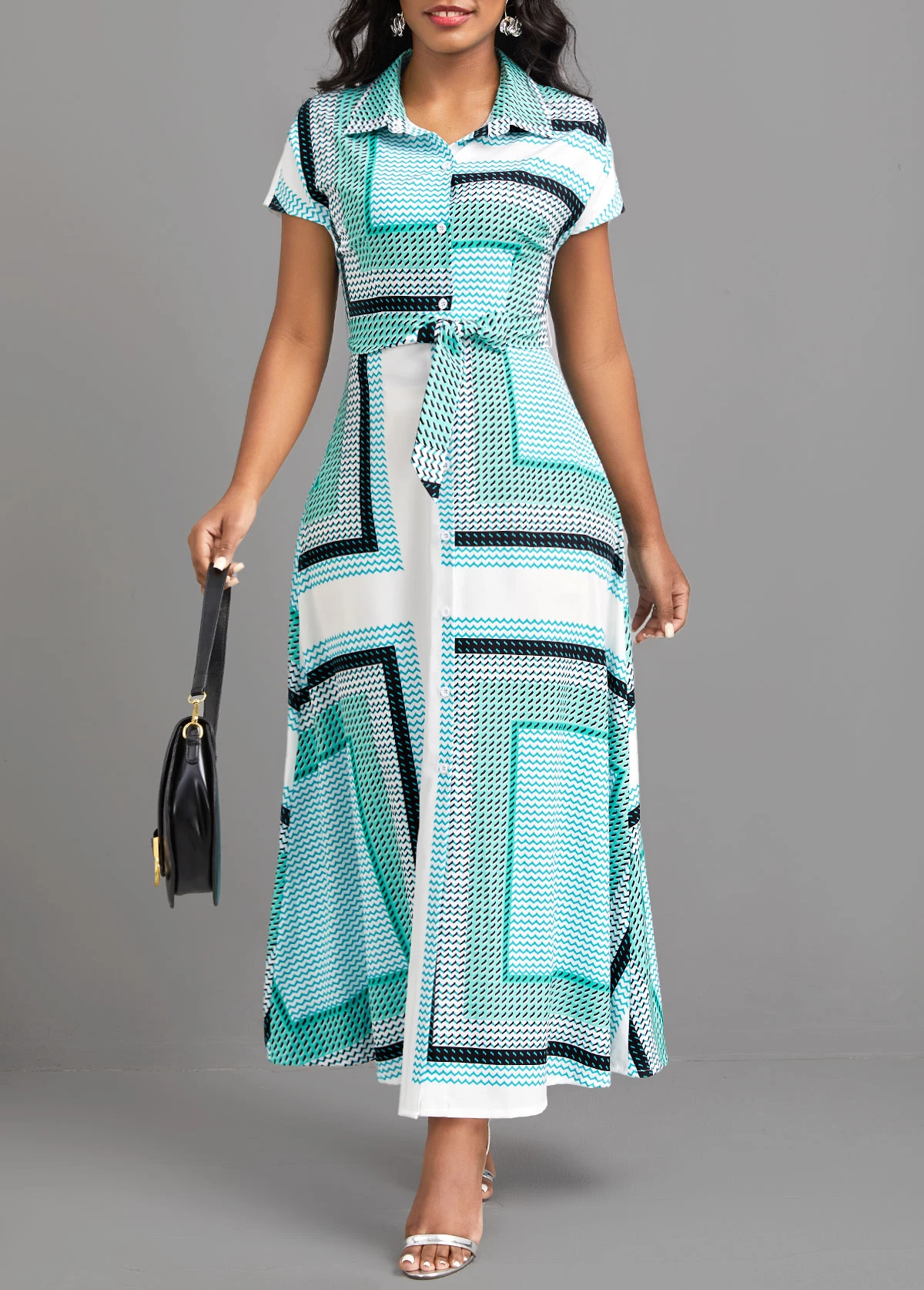 Cyan Button Geometric Print Belted Maxi Dress 5 Cyan Button Geometric Print Belted Maxi Dress - Image 3