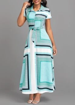 Cyan Button Geometric Print Belted Maxi Dress 10 Cyan Button Geometric Print Belted Maxi Dress -Modlily Shop 322182 P 16764561606232