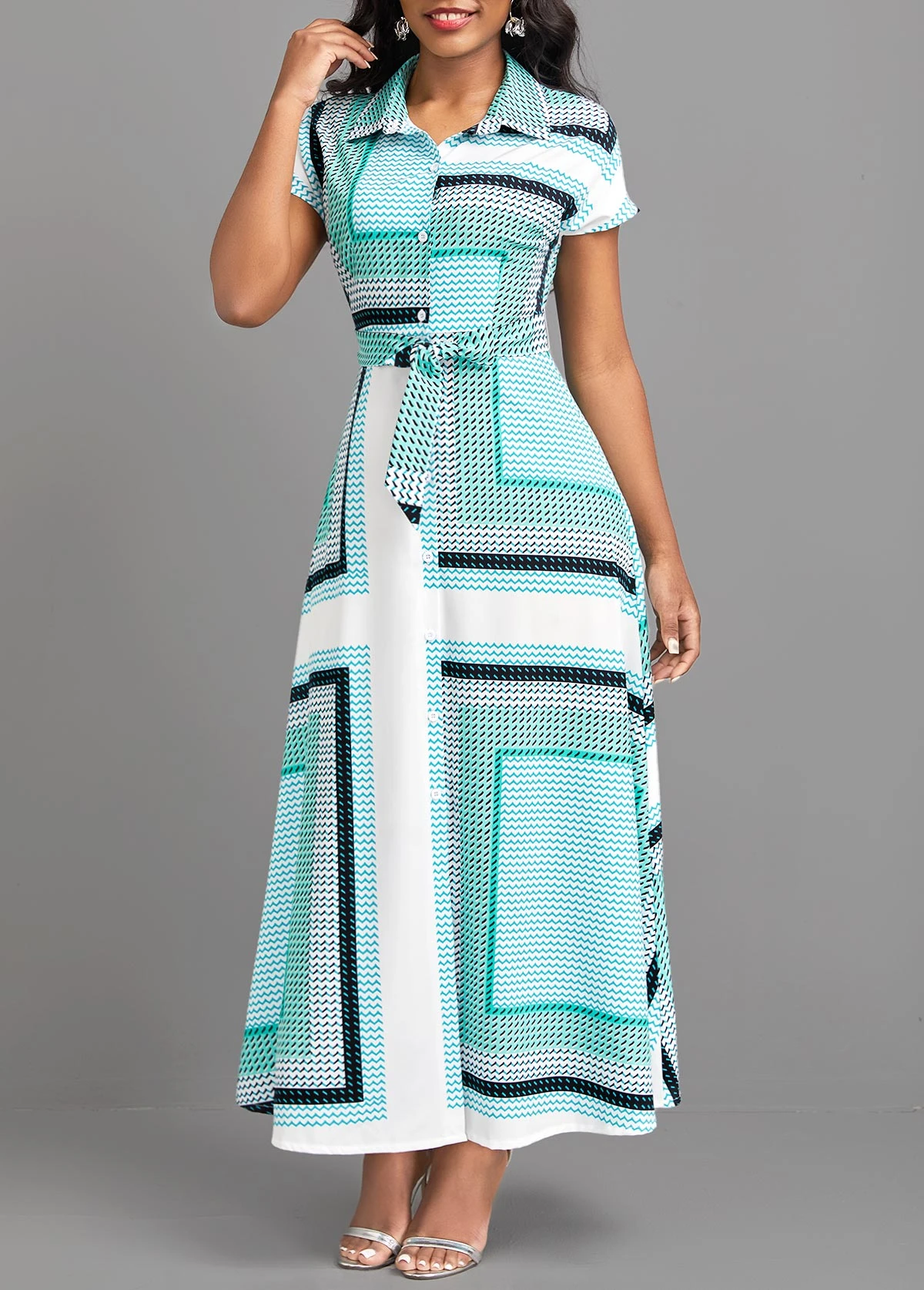 Cyan Button Geometric Print Belted Maxi Dress 6 Cyan Button Geometric Print Belted Maxi Dress - Image 4