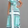 Cyan Button Geometric Print Belted Maxi Dress -Modlily Shop 322182 P 16764561607633