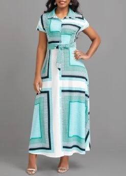 Cyan Button Geometric Print Belted Maxi Dress