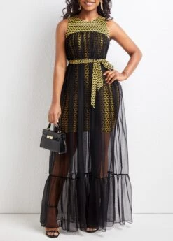 Black Mesh Chevron Print Belted Sleeveless Dress -Modlily Shop 322207 P 16784448673323