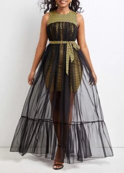 Black Mesh Chevron Print Belted Sleeveless Dress -Modlily Shop 322207 P 16784448675784