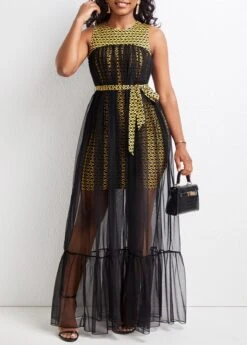 Black Mesh Chevron Print Belted Sleeveless Dress