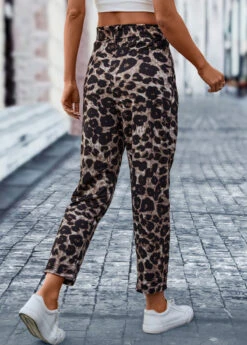 Dark Coffee Pocket Leopard Elastic Waist Belted Pants -Modlily Shop 322218 P 16732328271241