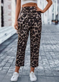 Dark Coffee Pocket Leopard Elastic Waist Belted Pants -Modlily Shop 322218 P 16732328272613