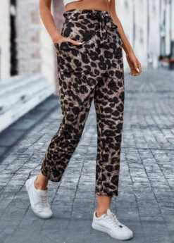 Dark Coffee Pocket Leopard Elastic Waist Belted Pants -Modlily Shop 322218 P 16732328277632