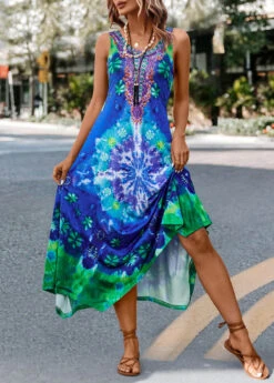 Blue Asymmetry Tie Dye Print H Shape Dress -Modlily Shop 322221 P 16732328260273