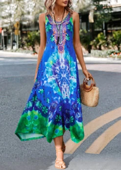 Blue Asymmetry Tie Dye Print H Shape Dress -Modlily Shop 322221 P 16732328261524