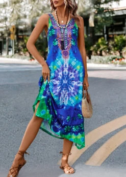 Blue Asymmetry Tie Dye Print H Shape Dress -Modlily Shop 322221 P 16732328265865