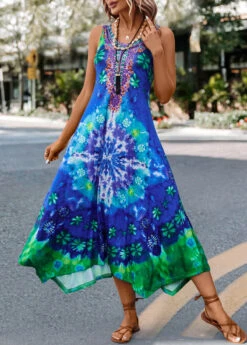 Blue Asymmetry Tie Dye Print H Shape Dress
