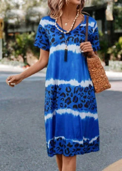 Blue Leopard H Shape Short Sleeve Dress -Modlily Shop 322489 P 16733298067682