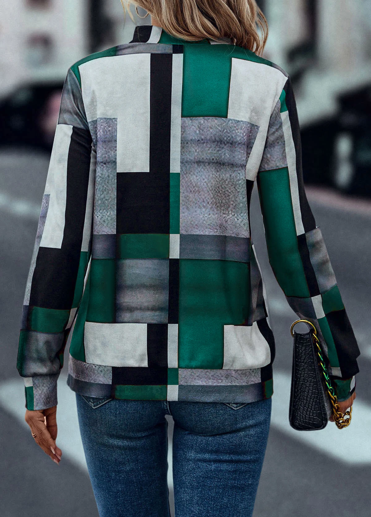 Turquoise Zipper Geometric Print Long Sleeve Sweatshirt 4 Turquoise Zipper Geometric Print Long Sleeve Sweatshirt - Image 2