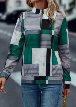 Turquoise Zipper Geometric Print Long Sleeve Sweatshirt 9 Turquoise Zipper Geometric Print Long Sleeve Sweatshirt -Modlily Shop 322515 P 16729206957063