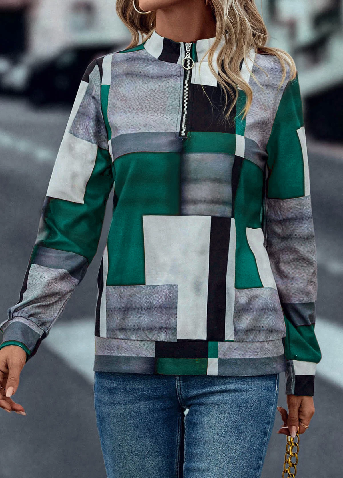 Turquoise Zipper Geometric Print Long Sleeve Sweatshirt 6 Turquoise Zipper Geometric Print Long Sleeve Sweatshirt - Image 4