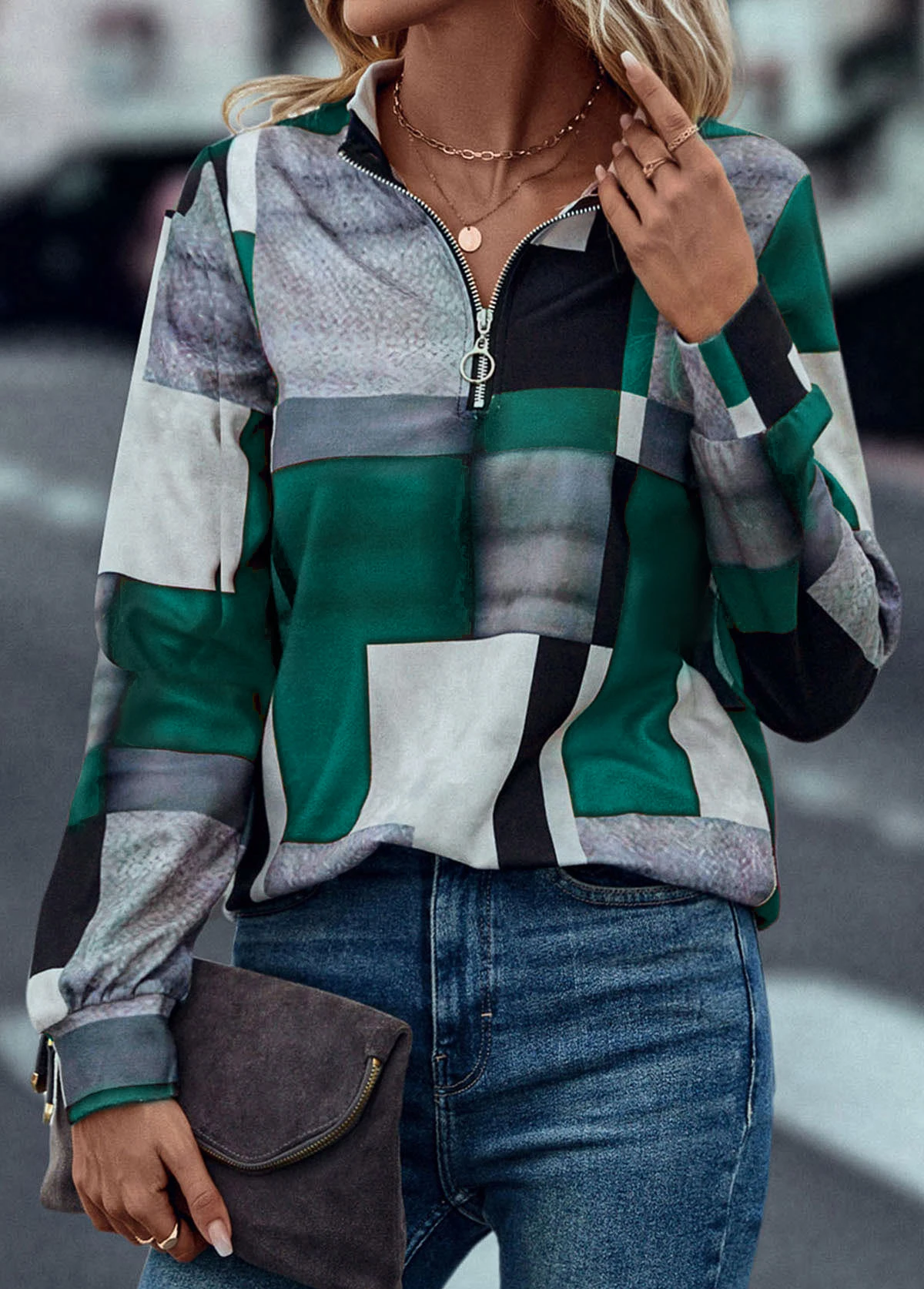 Turquoise Zipper Geometric Print Long Sleeve Sweatshirt 5 Turquoise Zipper Geometric Print Long Sleeve Sweatshirt - Image 3