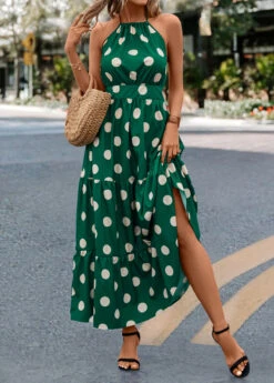Green Tie Polka Dot Strappy Halter Maxi Dress 12 Green Tie Polka Dot Strappy Halter Maxi Dress -Modlily Shop 322703 P 16756519187794