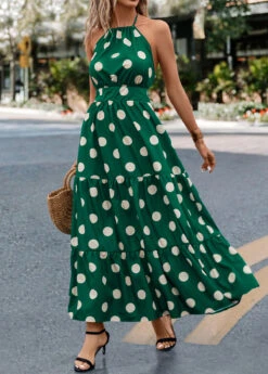 Green Tie Polka Dot Strappy Halter Maxi Dress 10 Green Tie Polka Dot Strappy Halter Maxi Dress -Modlily Shop 322703 P 16756519188212