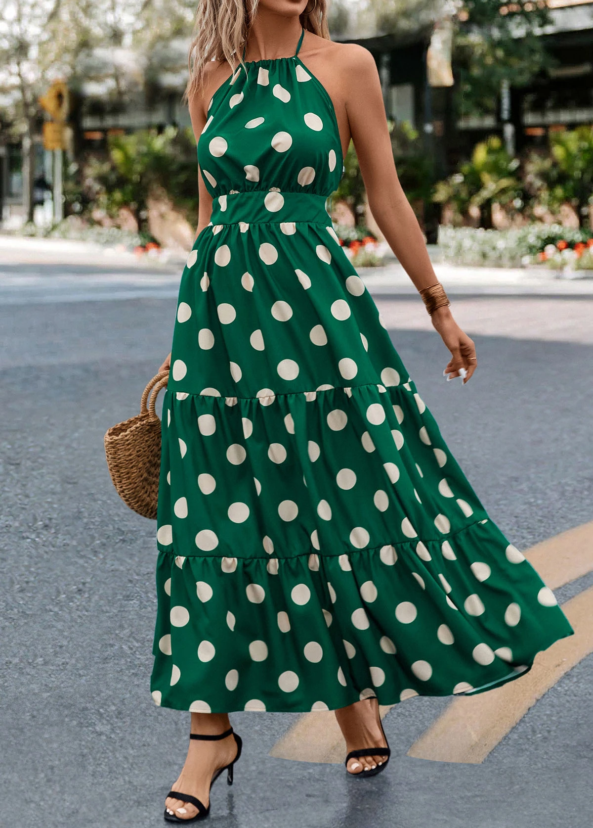Green Tie Polka Dot Strappy Halter Maxi Dress 5 Green Tie Polka Dot Strappy Halter Maxi Dress - Image 3