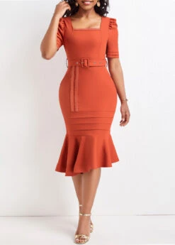 Brick Red Mermaid Belted Short Sleeve Bodycon Dress -Modlily Shop 322799 P 16787910891813
