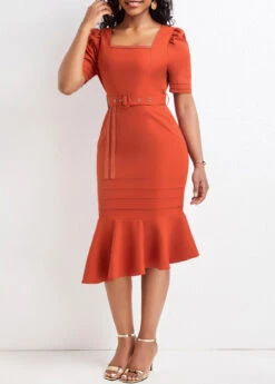 Brick Red Mermaid Belted Short Sleeve Bodycon Dress -Modlily Shop 322799 P 16787910893052