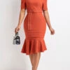 Brick Red Mermaid Belted Short Sleeve Bodycon Dress