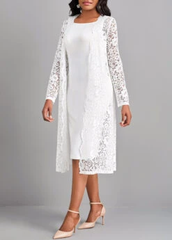 White Lace Two Piece Suit Long Sleeve Dress -Modlily Shop 322810 P 16769764561513