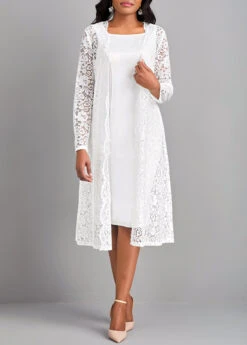 White Lace Two Piece Suit Long Sleeve Dress -Modlily Shop 322810 P 16769764561605