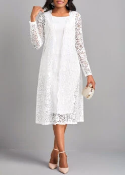 White Lace Two Piece Suit Long Sleeve Dress -Modlily Shop 322810 P 16769764562614