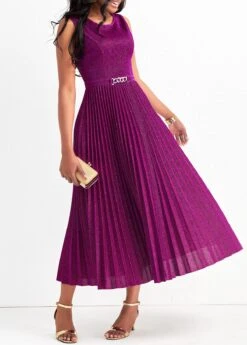 Dark Reddish Purple Pleated Shinning Sleeveless Round Neck Dress 10 Dark Reddish Purple Pleated Shinning Sleeveless Round Neck Dress -Modlily Shop 322811 P 16789498630582