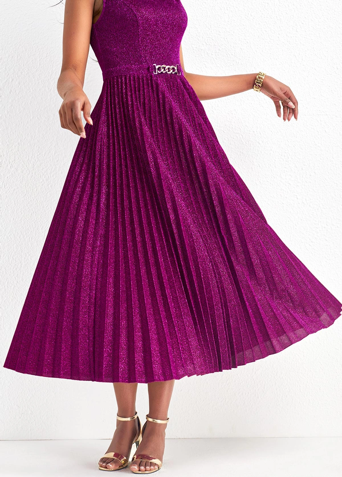 Dark Reddish Purple Pleated Shinning Sleeveless Round Neck Dress 7 Dark Reddish Purple Pleated Shinning Sleeveless Round Neck Dress - Image 5