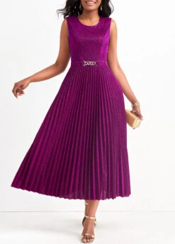 Dark Reddish Purple Pleated Shinning Sleeveless Round Neck Dress 11 Dark Reddish Purple Pleated Shinning Sleeveless Round Neck Dress -Modlily Shop 322811 P 16789498637393
