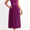 Dark Reddish Purple Pleated Shinning Sleeveless Round Neck Dress -Modlily Shop 322811 P 16789498637550