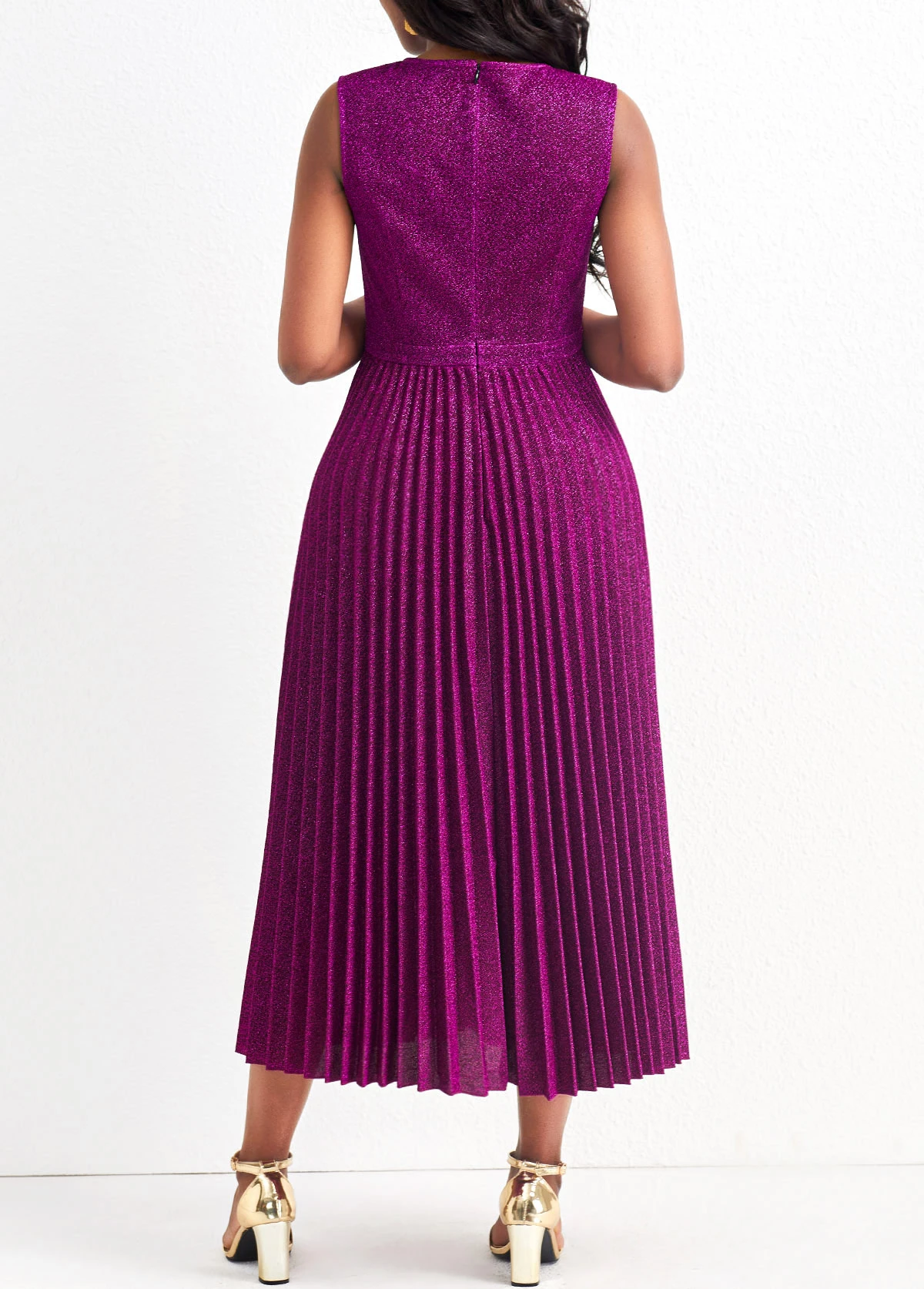 Dark Reddish Purple Pleated Shinning Sleeveless Round Neck Dress 4 Dark Reddish Purple Pleated Shinning Sleeveless Round Neck Dress - Image 2