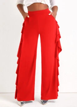 Red Ruffle Wide Leg High Waisted Pants