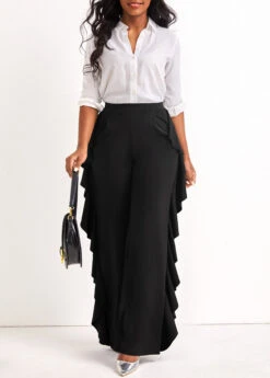 Black Ruffle Wide Leg High Waisted Pants -Modlily Shop 322848 P 16736195392483
